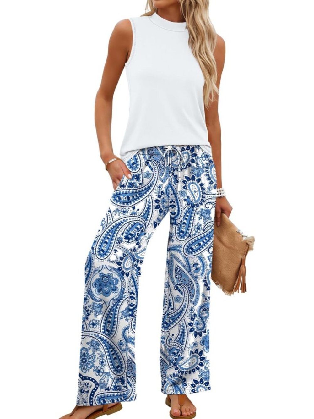 🆕Women Boho Blue 2 Piece Set Summer Spring Outfits Mock Neck Wide Leg Pants